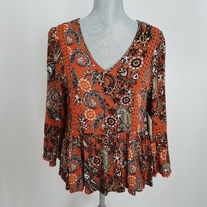 Altar'd State Boho Rust Bell Sleeve V-neck Top M